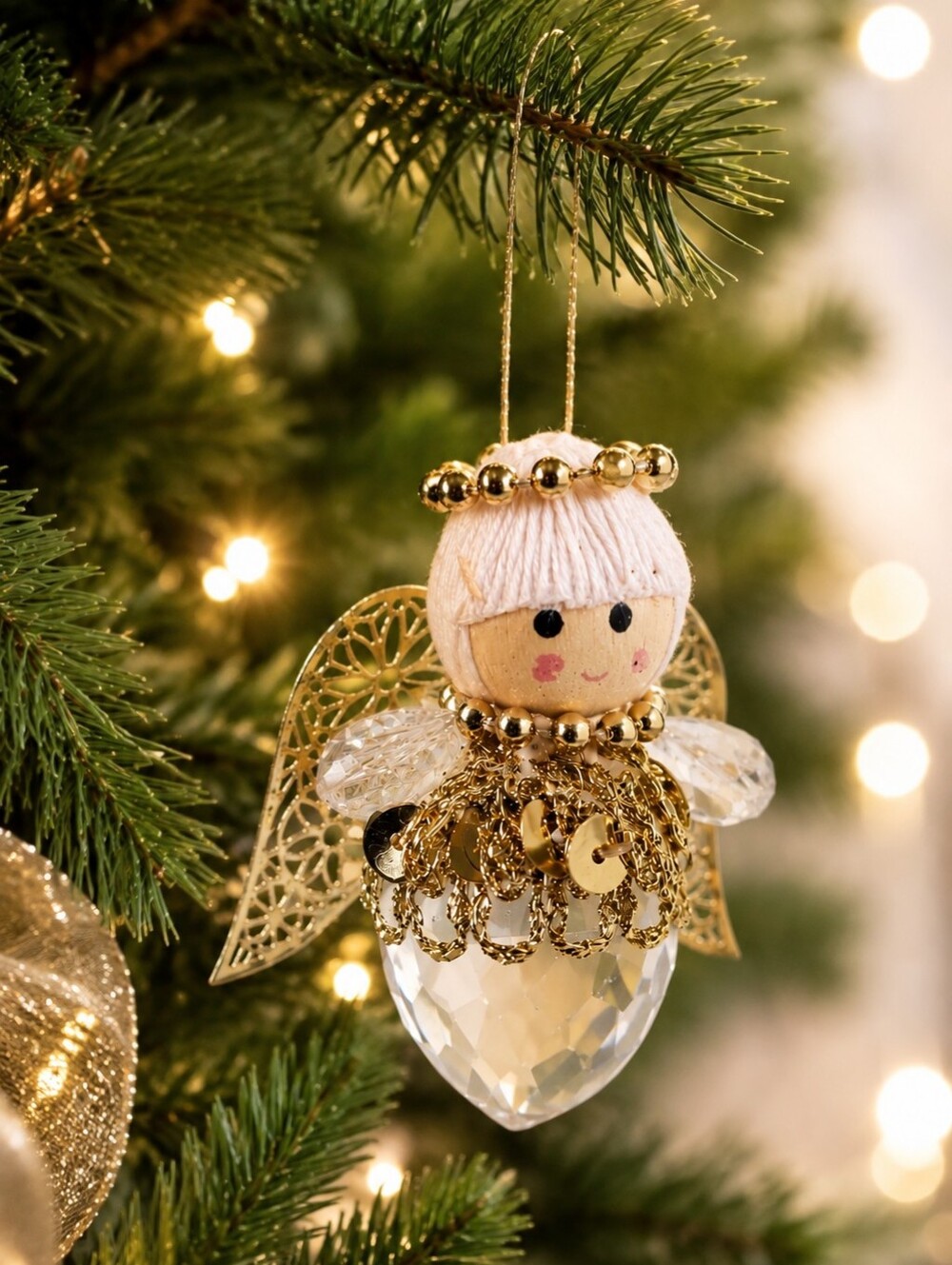 Vintage Angel Christmas Ornament Crystal Prism Gold Filigree Wings 2โ